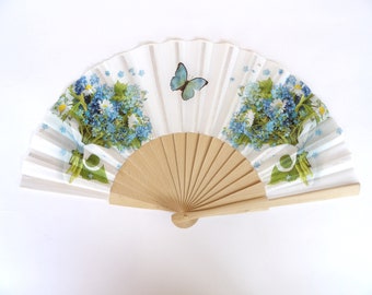 Blue wild Flowers Holding Hand Fan, Spanish Hand Fan, Contemporary Hand Fan, Summer Accessory, Wedding Favor, Evening Dress Accessory