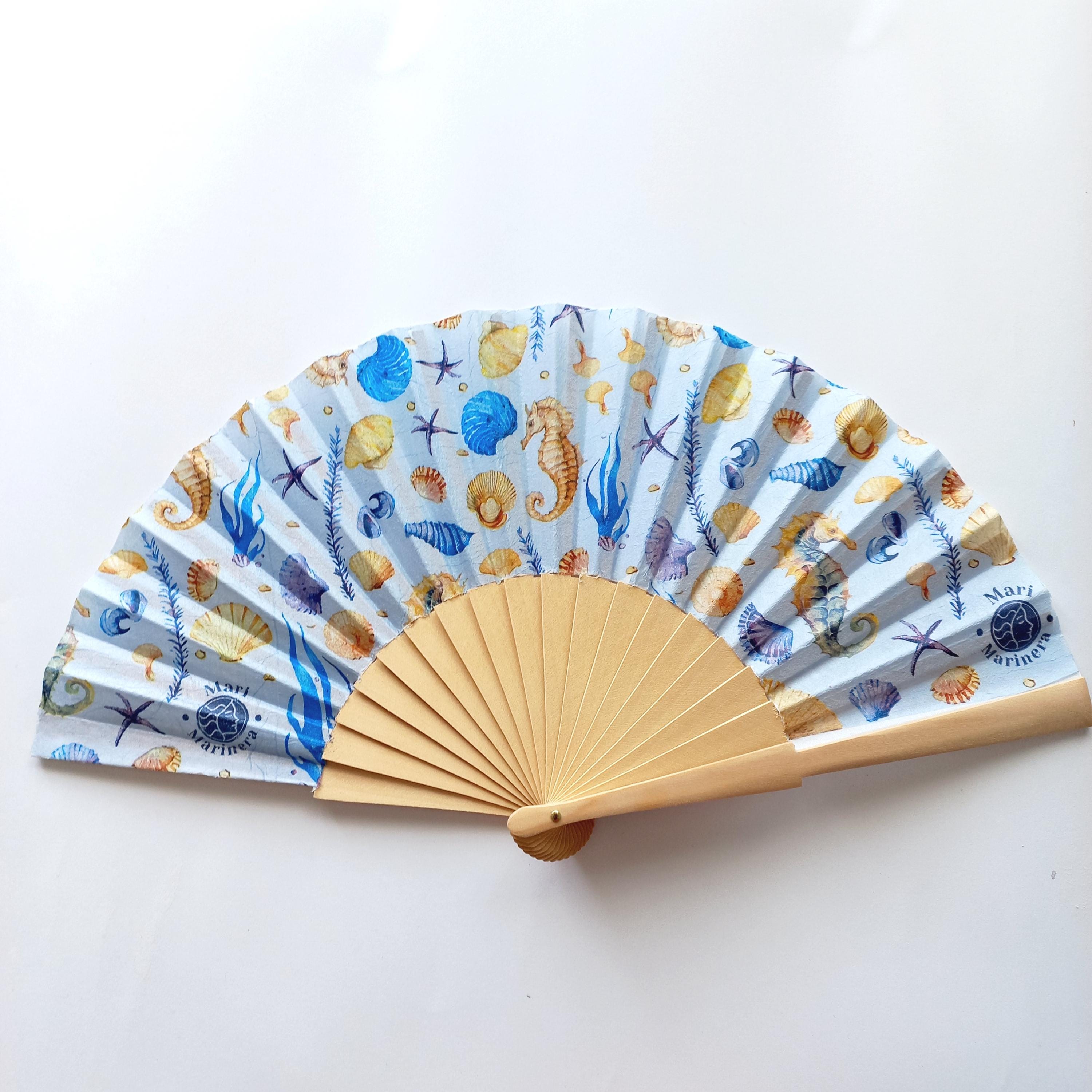 Hand Fan for Beach Wedding, Folding Fan With Shells and Sea Horse