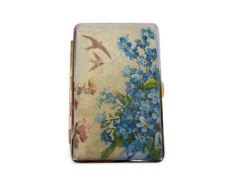 Étui à cigarettes bleu fleurs sauvages, boîte à cigarettes fine années 100, étui doux à motif floral, étui pour cartes de visite pour elle, motif oiseaux en vol,