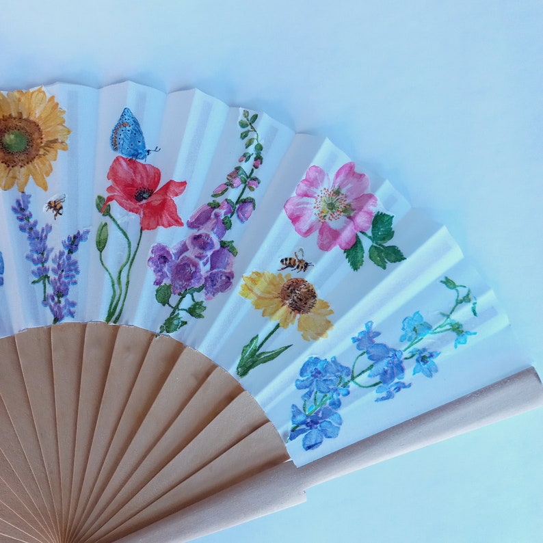 Wild flowers Hand Fan, Floral Holding Fan, Meadow flowers hand fan for woman, Spanish Hand Fan, gift for bride, summer wedding accessory image 3