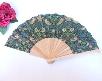 William Morris Hand Fan, Straberry thief design, birds hand fan, Floral Holding Fan, Spanish Hand Fan, gift for bride, gift for bride mom