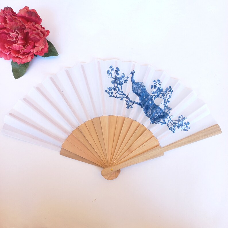 Blue Royal Peacock Hand Fan, Floral Holding Fan, Blue Wedding Accessory, Spanish Hand Fan, Something blue for bride, gift for bridesmade image 1