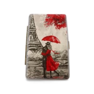 Caja de cigarrillos Amor en París, caja de cigarrillos delgada de 100, regalo para novia, estuche de tarjetas de visita, estuche de embrague, estuche de paraguas rojo para ella