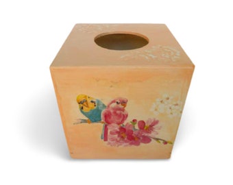 Square Tissue Box Cover with Budgie Parrots, Floral Napkins Box, Tissue Dispenser, Kithchen Napkins Holder, New Home Gift, Serviletten Box