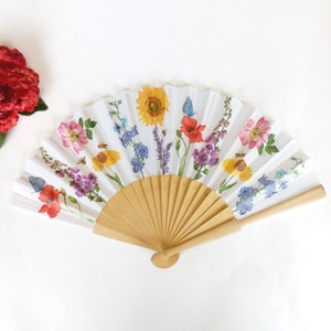 Wild flowers Hand Fan, Floral Holding Fan, Meadow flowers hand fan for woman, Spanish Hand Fan, gift for bride, summer wedding accessory image 1