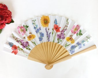 Wild flowers Hand Fan, Floral Holding Fan, Meadow flowers hand fan for woman, Spanish Hand Fan, gift for bride, summer wedding accessory