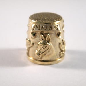 Brass Thimble of Mijas, Seamstress gift, Collectible Thimble, Donkey Thimble Folk Art Style, Collage Supply Assemblage, Antique Sewing Tool
