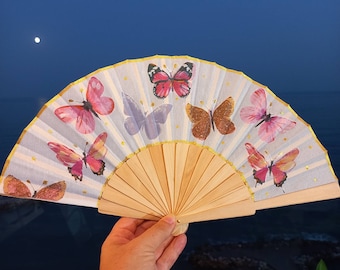 PInk Butterfly Hand Fan, Feather Holding Fan, Wedding Gift, Bride Accessory, Gift for Birds lovers, Bridesmaid Hand Fan, Christmas gift