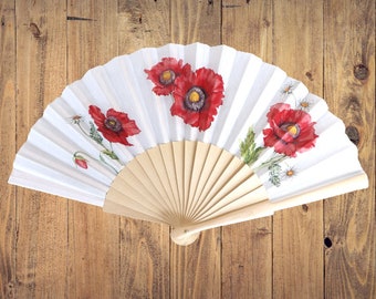 Poppy flower hand fan, red wild poppy folding fan, wedding accesory, elegant hand fan, scallop handheld fan, floral gift for bride