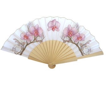 Orchid Flower Hand Fan, Wedding Dress Accessory, Bride Gift, Pink Orchid, Japanese Hand Fan, Woman Holding Hand Fan, Garden Party Favor