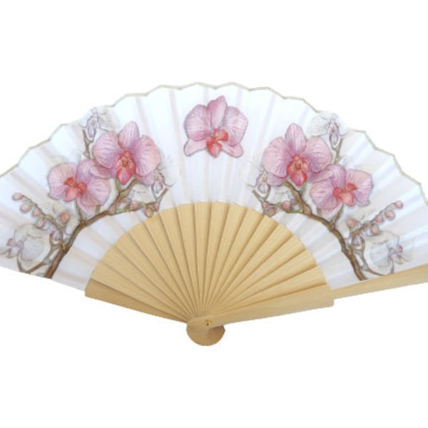 Ventilateur de main de fleur d'orchidée, accessoire de robe de mariée, cadeau de mariée, orchidée rose, ventilateur de main japonais, femme tenant le ventilateur de main, faveur de fête de jardin