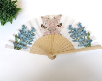 Blauwe Hyacint Hand Fann, Floral Hand Fan, Vlinder en Bloemen, Bruid Accessoire, Huwelijkscadeau, Home Decor, Avondjurk Accessoire