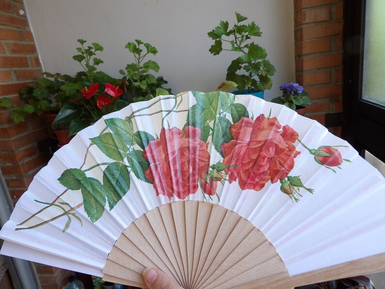 Elegant Hand Fan, Red Roses holding fan, japanese fan, party accessory, wedding flavor, contemporary fan, floral pattern complement, image 6