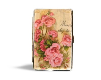 Vintage Roses Slim 100s Cigarrette Case, Business Card Holder, Cigarette Holder, Credit Card Box, Women Purse, Floral Gift for Her,