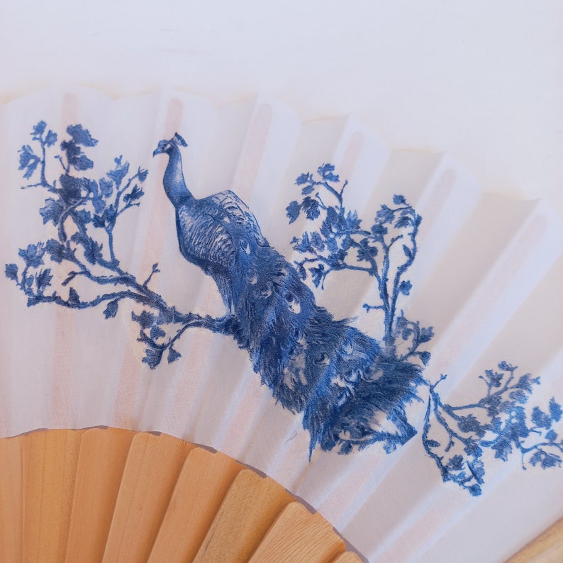 Blue Royal Peacock Hand Fan, Floral Holding Fan, Blue Wedding Accessory, Spanish Hand Fan, Something blue for bride, gift for bridesmade image 3