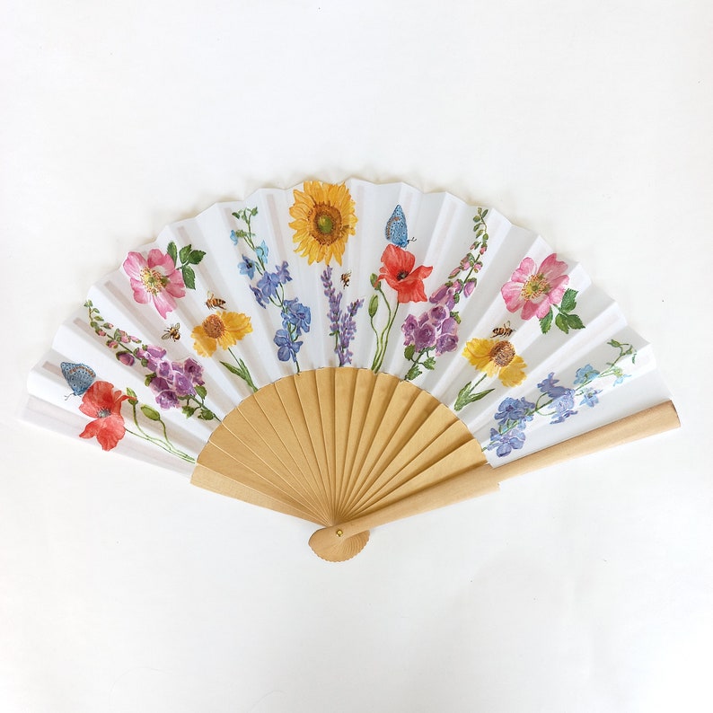 Wild flowers Hand Fan, Floral Holding Fan, Meadow flowers hand fan for woman, Spanish Hand Fan, gift for bride, summer wedding accessory image 2