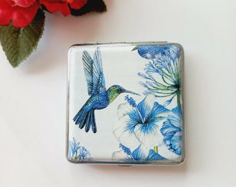 Hummingbird Cigarette Case King Size, Metal Tobacco Box, Blue Floral Smoker Accessory, Unique Gift for Her, Vintage Style Case, Bird Lover