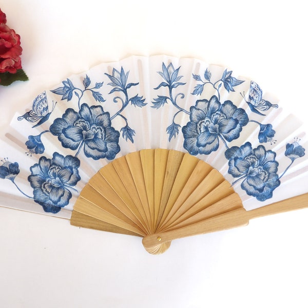 Blue Hand Fan, Paint Floral Holding Fan, Evening or Wedding Dress Accessory, Spanish Hand Fan, Something blue for bride, gift for mom