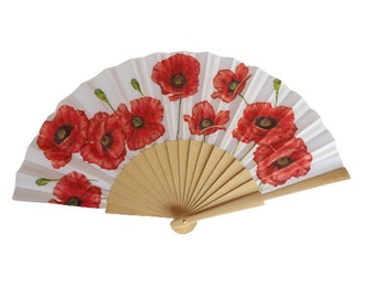 Poppy Flower Hand Fan, Red Wild Poppy Folding Fan, Wedding Accesory, Elegant Hand Fan, Scallop Handheld Fan, Floral Gift for Bride