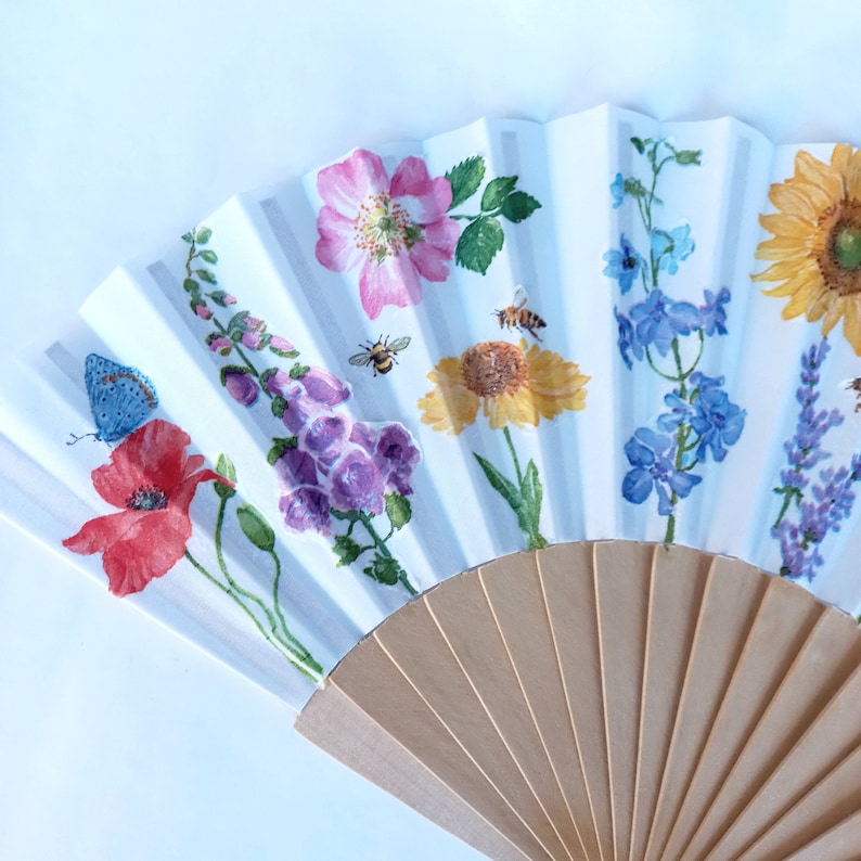 Wild flowers Hand Fan, Floral Holding Fan, Meadow flowers hand fan for woman, Spanish Hand Fan, gift for bride, summer wedding accessory image 4