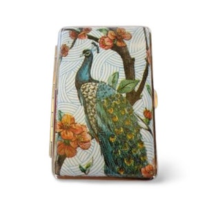 Caixa de cigarro Peacock, caixa de cigarro fina dos anos 100, pássaros e padrão floral, caixa de cartão de crédito, caixa de cartão de visita, presente elegante para ela
