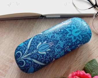 Blauwe brillenkoker tulp en net, draagbare harde brillenkoker, William Morris-lenzenvloeistofbeschermer, schattige brillendoos, leesbril
