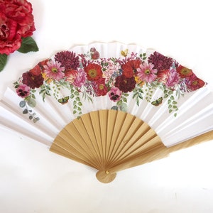 Leque de mão de flores vermelhas, leque dobrável floral, leque de mão de casamento, leque de mão Scllop, leque de mão de noiva, acessório de verão, presente para ela