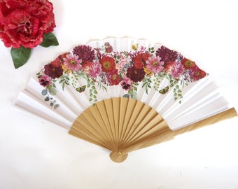 Red flowers Hand Fan, Floral Folding Fan, Wedding Hand Fan, Scllop Handheld fan, Bride Hand Fan, Summer Accessory, Gift for Her