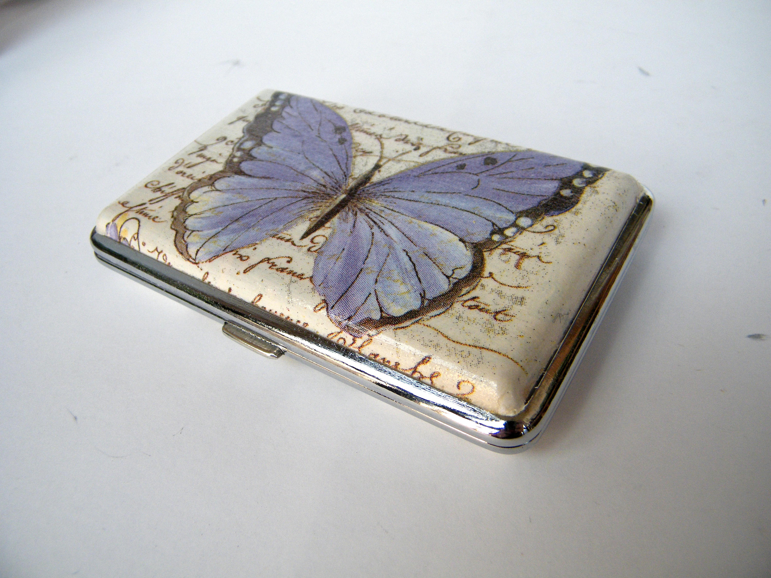 Butterfly Slim Cigarette Case, Business Card Holder, Cigarrette Holder,  Credit Card Box, Women Wallet, Floral Gift for Her, Metal Case