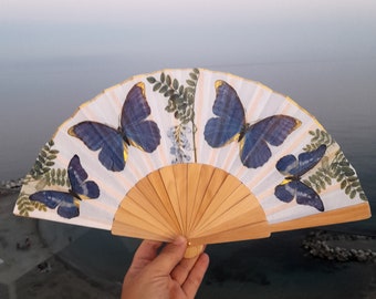 Blue Butterfly Hand Fan, Handheld Folding Fan, Evening or Wedding Dress Accessory, Spanish Hand Fan, Garden Wedding Favor, Contemporary Fan
