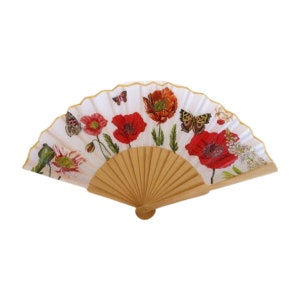 Hand Fan with Poppy Flower , Red Wild Poppy Folding Fan, Wedding Accesory, Elegant Hand Fan, Scallop Handheld Fan, Floral Gift for Bride