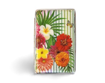 Zigaretten Etui mit tropischen Blumen, Visitenkartenhalter, Slim 100s Zigarettenhalter, Kreditkartenbox, Damen Geldbörse, Blumengeschenk für Sie