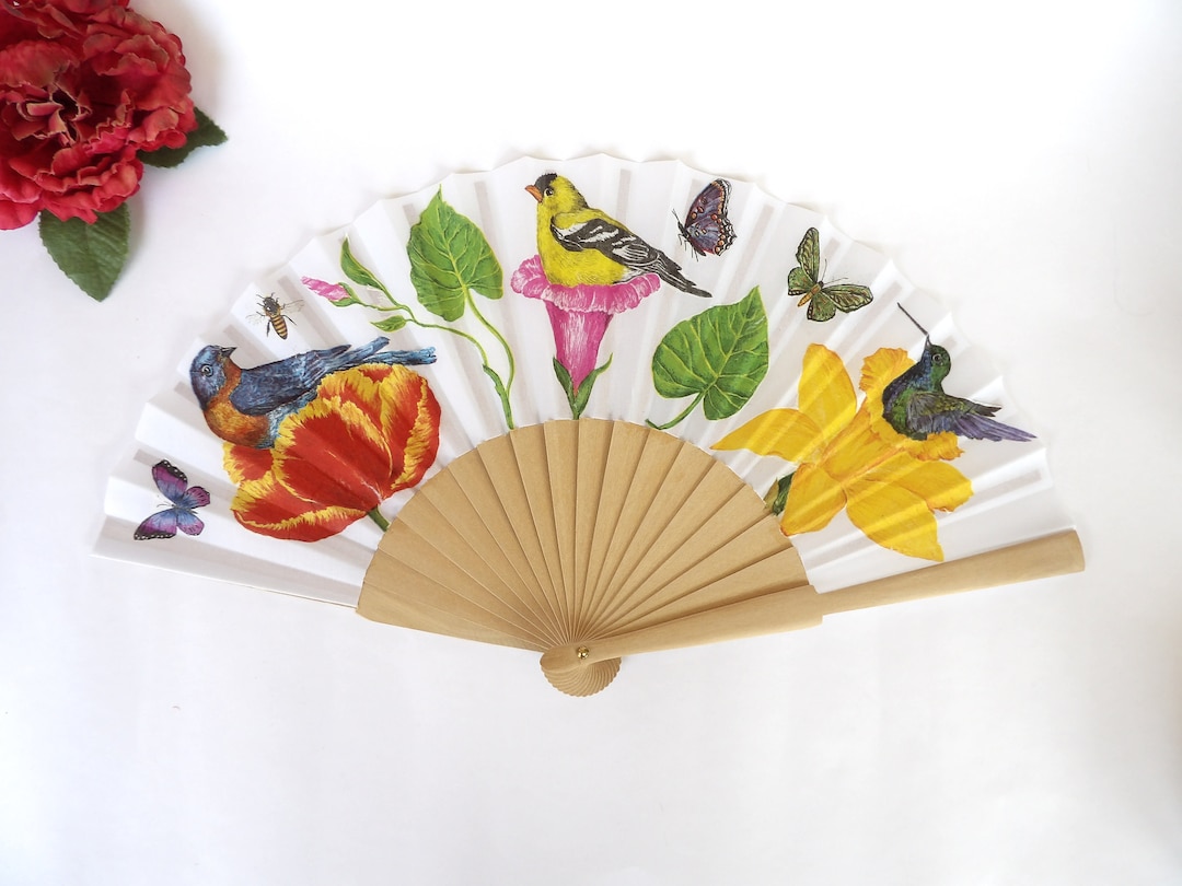 Hand Fan With Birds and Flowers, Botanical Hand Fan, Nature Lovers Hand