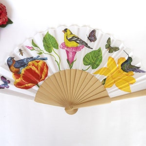 Abanico con pájaros y flores, Abanico botánico, Abanico para amantes de la naturaleza, Abanico español, Accesorio de boda, Abanico de novia