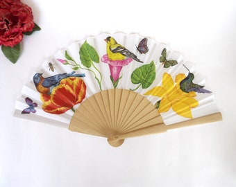 Hand Fan with Birds and Flowers, Botanical Hand Fan, Nature lovers Hand Fan, Spanish Holding Fan, Wedding Accessory, Bride Hand Fan