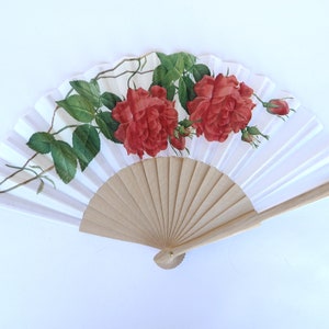 Elegant Hand Fan, Red Roses holding fan, japanese fan, party accessory, wedding flavor, contemporary fan, floral pattern complement, image 2