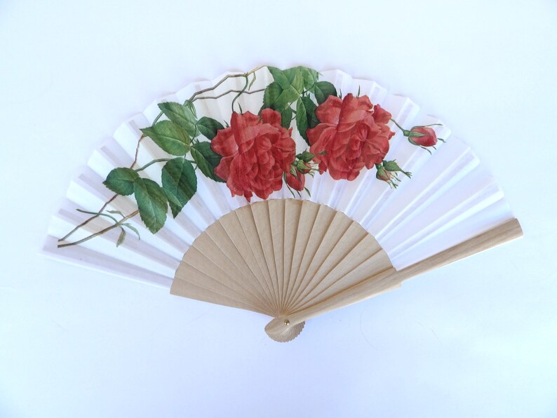 Elegant Hand Fan, Red Roses holding fan, japanese fan, party accessory, wedding flavor, contemporary fan, floral pattern complement, image 2