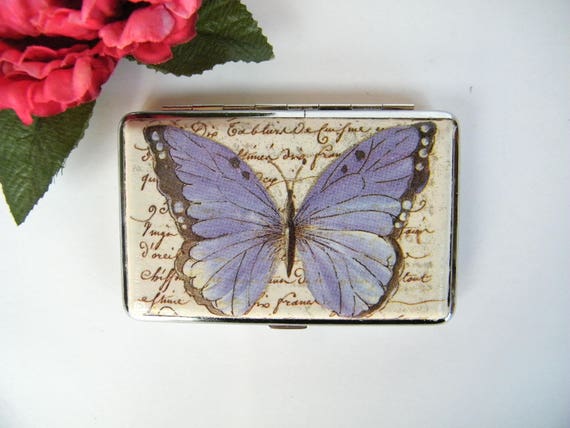 Butterfly On Blue Flower Metal Business Credit Card Case Holder