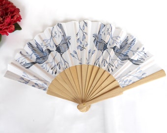 Blue Hand Fan, Birds in Love Holding Fan, Evening or Wedding Dress Accessory, Folding Hand Fan, Something blue for bride, gift for mom