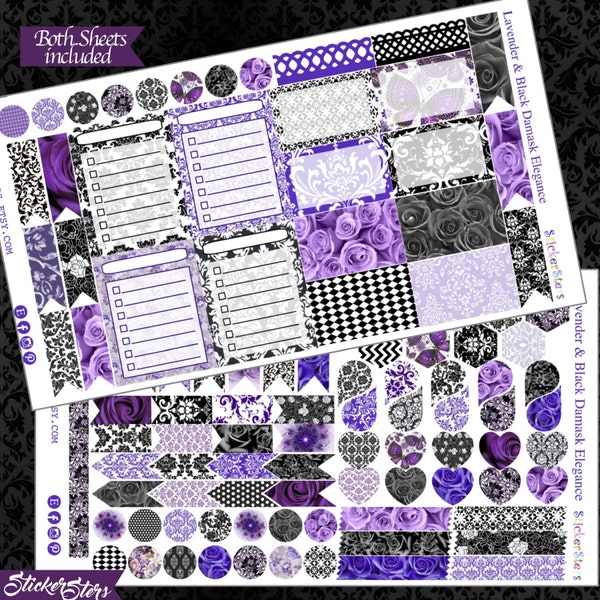 Lavender & Black Damask Elegance Planner Layout Cute Planner Stickers