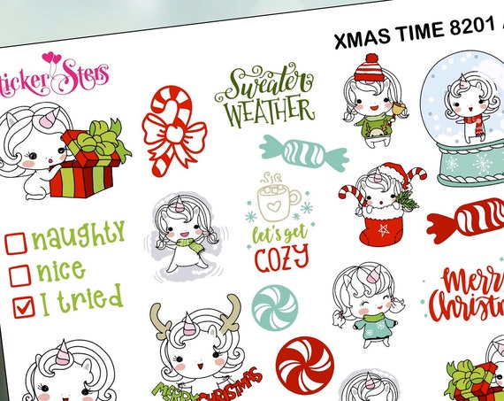 Xmas Time Unicorn Doodle Style Planner Stickers Stickers Mini Kit | 8201