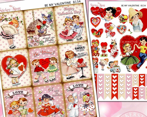 Let's be Valentines St. Valentines Retro Children Kids Ephemera Planner Stickers Stickers Mini Kit | 8134
