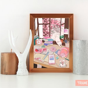 Spring Study Art Print • 5"x7" • Lofi Aesthetic • Cherry Blossom • Hand Drawn  • Kawaii Wall Art • 90s Japanese Anime • Cute Home Decor