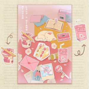 Feuille d'autocollants hanami • Pique-nique japonais • Autocollants esthétiques pour agenda de printemps • Dessinés à la main • Papeterie kawaii • Fleurs de cerisier • Mat