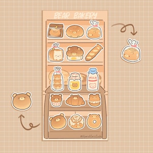 Feuille d'autocollants de boulangerie ours • Dessinés à la main • Design kawaii • Stickers aliments mignons • Esthétiques • Cadeau de scrapbooking • Pain ours • Papier glacé