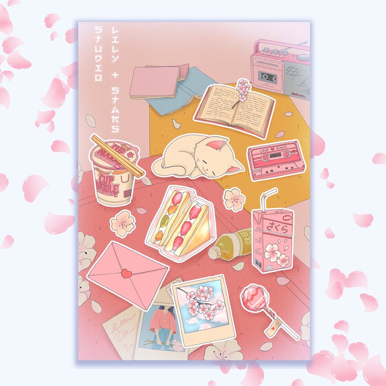 Hanami Sticker Sheet • Japanese Picnic • Aesthetic Spring Planner Stickers • Hand Drawn  • Kawaii Stationery • Cherry Blossom • Matte 