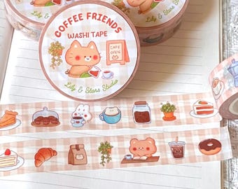 Coffee Friends Washi Tape • Kawaii Cafe Scrapbooking • Planner Tape (15mm x 10m)