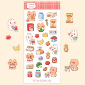 Feuille d'autocollants Supermarket Friends • Dessinés à la main • Design kawaii • Stickers épicerie mignons • Esthétique confortable • Cadeau pour scrapbooking • Mat