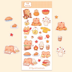 Feuille d'autocollants des amis de l'automne • Dessinés à la main • Design kawaii • Autocollants mignons de saison d'automne • Esthétique confortable • Cadeau de scrapbooking • Mat