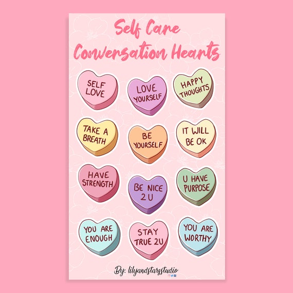 Self Care Conversation Heart Stickers Hand Drawn Candy Valentine's Day Cute  Collectibles Aesthetic Scrapbooking Gift Matte 